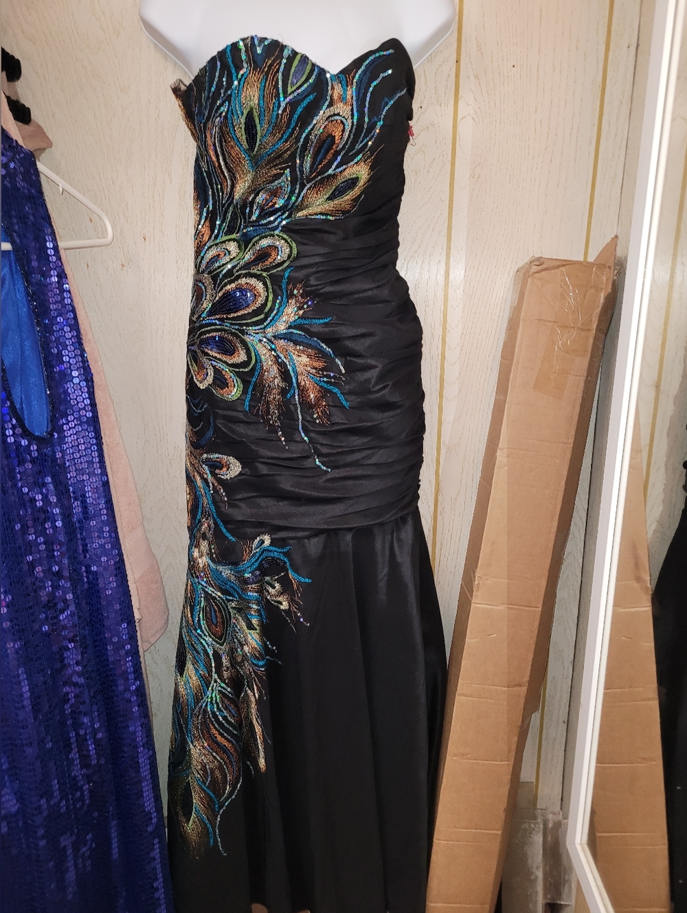 Black Strapless Evening Gown with Multi-Color Peacock Embroidery